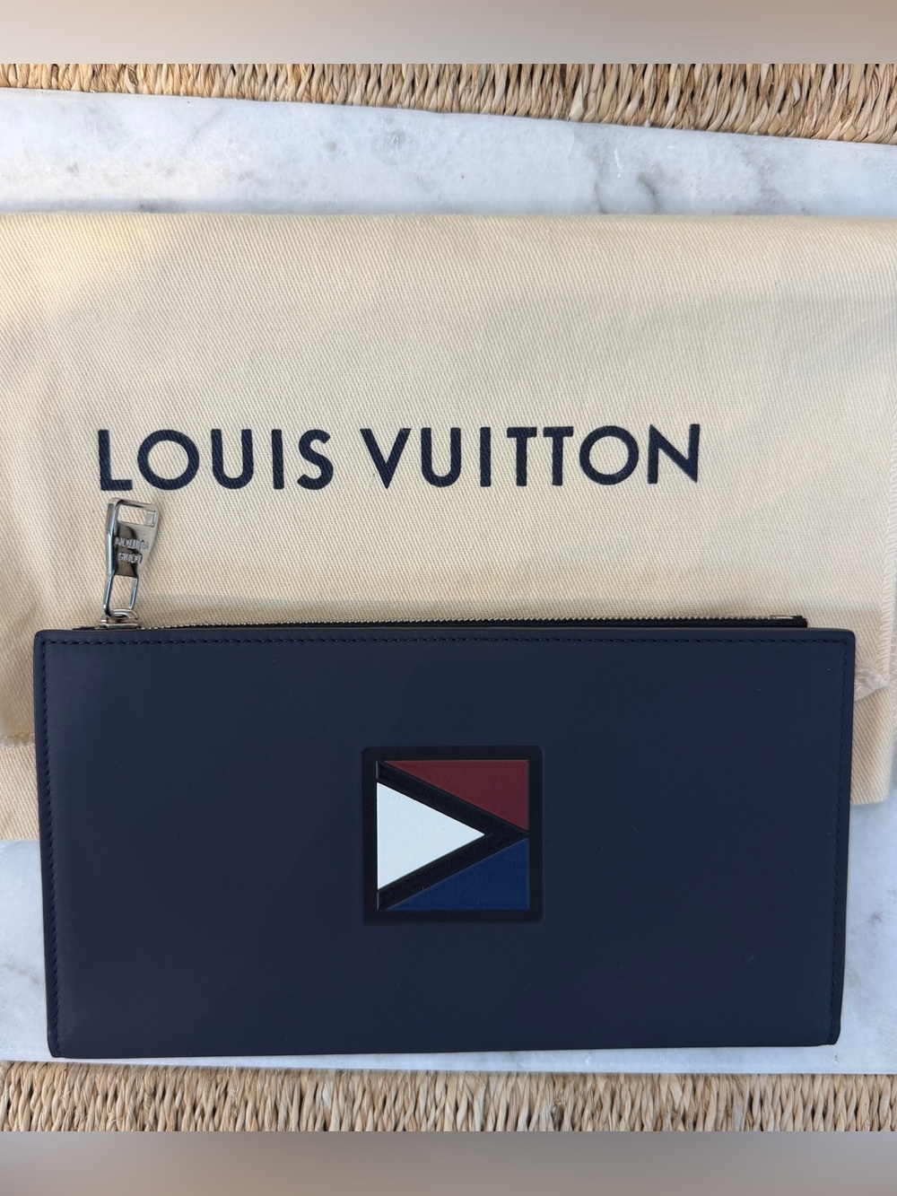 Louis Vuitton Navy Leather Zip Wallet with Tri-Color Emblem
